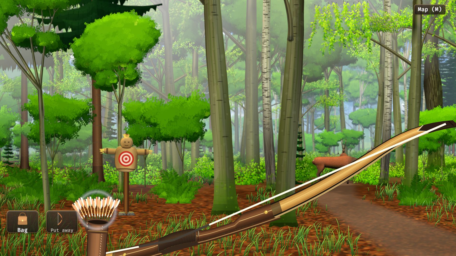 Bow drawn in a sunlit forest, a deer on the path and a straw training dummy nearby