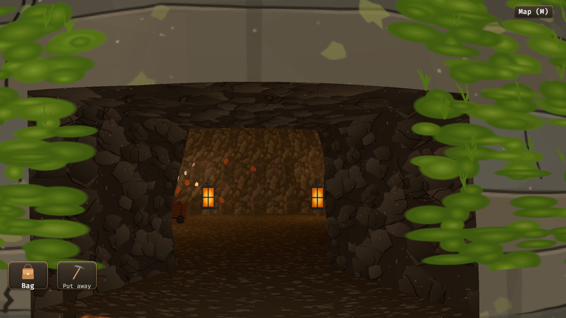 Lantern light deep inside the old mine, seen from its mossy mouth